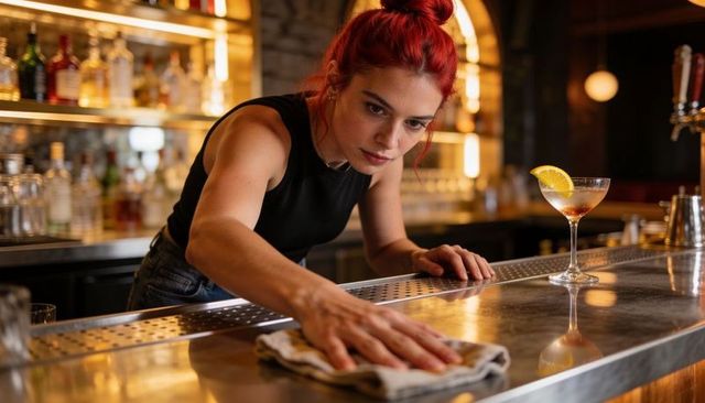 Red-haired bartender cleaning stainless steel bar counter while serving cocktail in lounge
