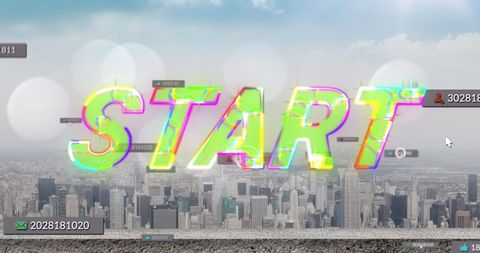 Colorful Start Text Overlaying Modern Cityscape