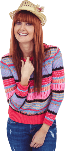 Joyful Hipster Woman in Colorful Sweater and Straw Hat, Transparent Background