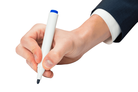 Business professional writing with blue transparent marker on white background