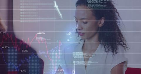 Businesswoman Analyzing Data with Statistics Overlay in Modern Office