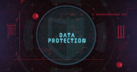 Data Protection Shield Displaying Neon Cybersecurity Interface with Hex Grid HUD
