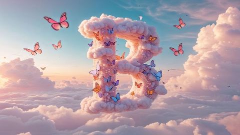 Cloud-Shaped Letter B with Butterflies in Magical Sky