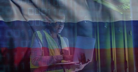 Data center technician checking server racks with cyber binary and flag overlay