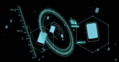 Holographic hud ring connecting smartphone icons with neon data nodes, futuristic interface