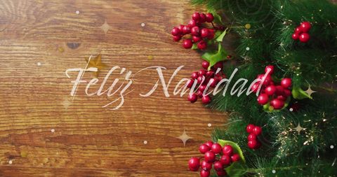 Feliz Navidad Text with Holly and Pine Festive Decoration