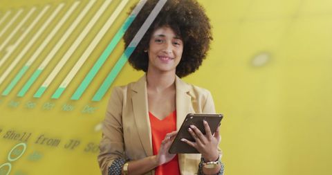 Businesswoman Analyzing Financial Data with Tablet in Digital Environment