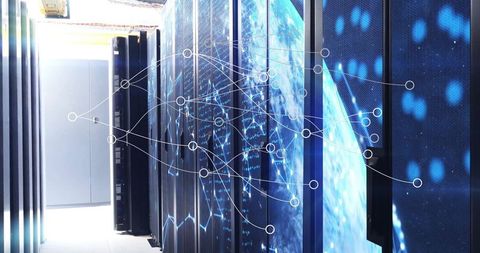Futuristic network connections in data center with server racks