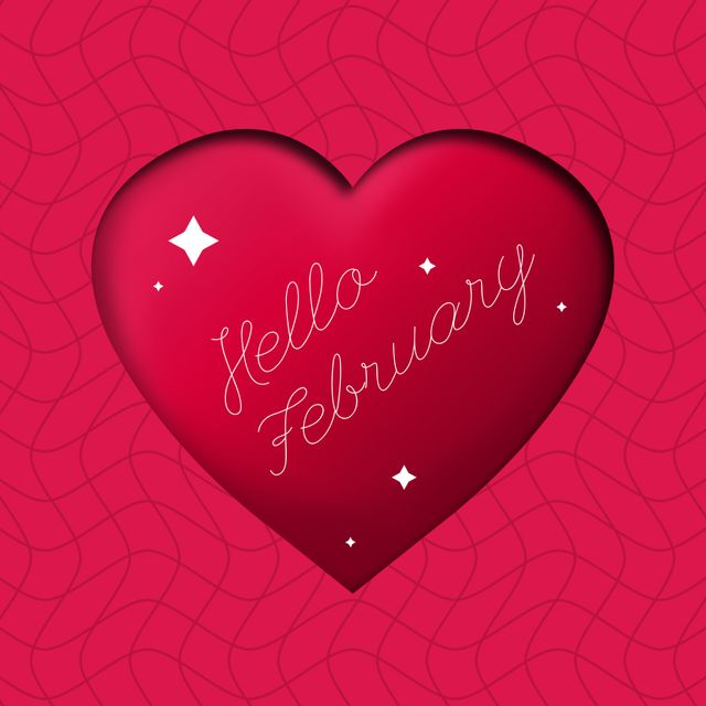 Composition of hello february text over stars and hearts. Hello february and celebration concept digitally generated image.