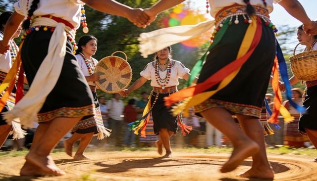 Women dancing in traditional embroidered skirts with colorful ribbons, barefoot, carrying baskets