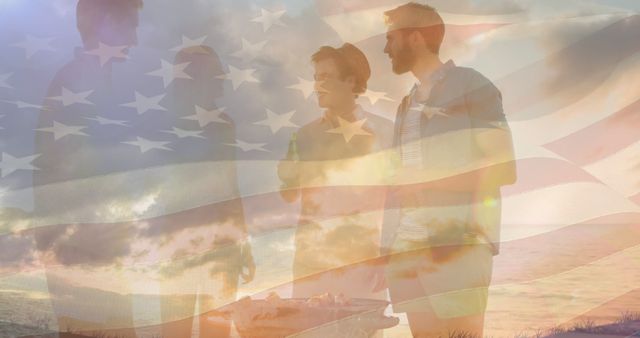 Friends Enjoying Beach with American Flag Overlay - Download Free Stock Images Pikwizard.com