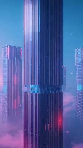 Vertical Panning Futuristic Skyscraper through Magenta Clouds with Neon Glow