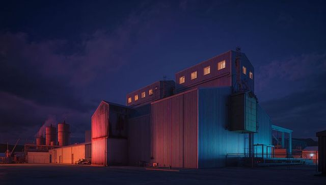 Industrial Factory Exterior at Dusk with Illuminated Windows