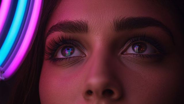 Neon-reflected gaze close-up of female eyes with colorful rim light and futuristic glow