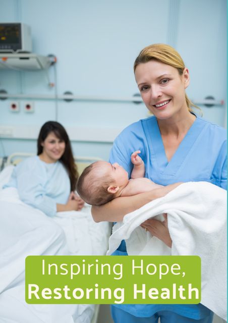 Image depicts a smiling nurse holding a newborn baby next to a recovering mother in a hospital room, portraying themes of trust, healthcare excellence, and professional nursing care. Ideal for usage in hospital brochures, nursing education materials, healthcare advertisements, or trust-building campaigns in medical services.