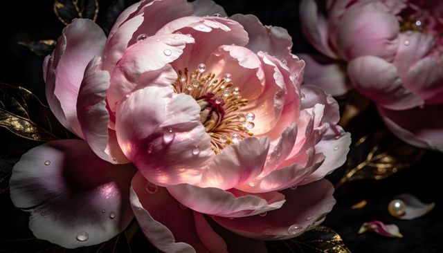Blooming pink peony close-up with golden stamens and dewdrops, moody luxury macro blossom