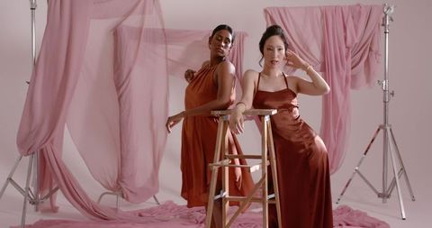 Elegant Portrait of Female Colleagues in studio on Ladder with Pink Drapes