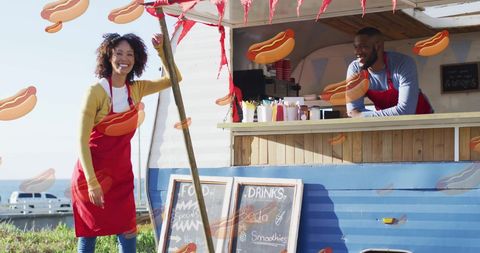 Joyful Food Truck Interactions with Overlayed Hot Dog Illustrations