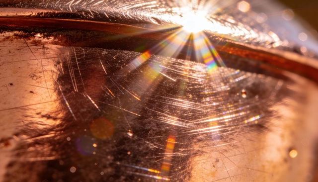 Macro showing scratched copper metal surface with starburst flares and warm patina