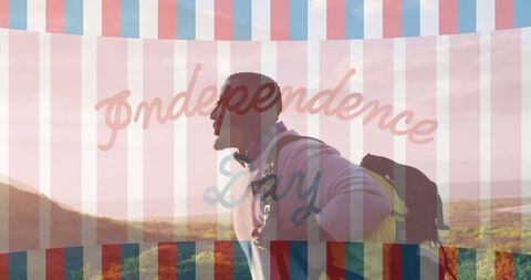 Independence Day Celebration with African American Hiker and Patriotic Overlay