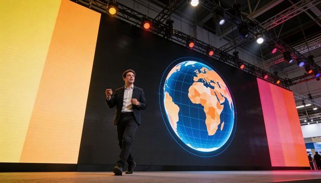 Business presenter walking on stage presenting global tech trends with led globe display