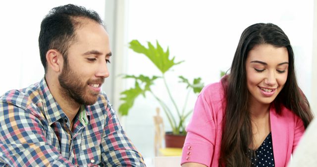 Casual Meeting Between Man and Woman Smiling and Collaborating - Download Free Stock Images Pikwizard.com