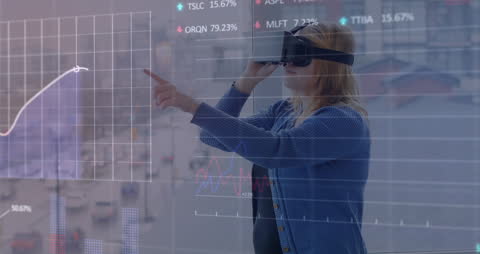 Woman Using VR Headset Analyzing Data with Augmented Reality Interface