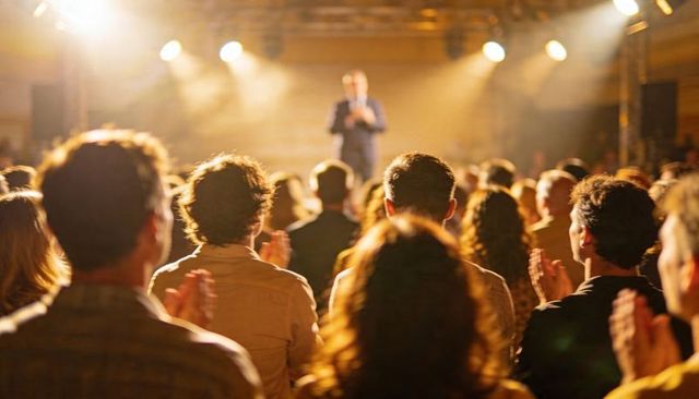 Applauding audience standing under warm spotlight during corporate presentation and speech