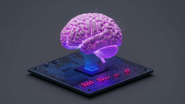 Futuristic ai brain hologram on circuit board