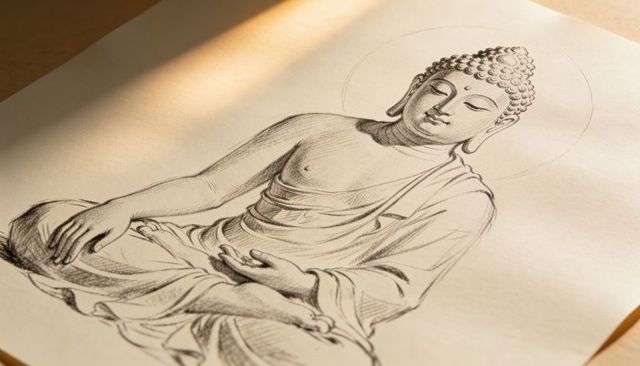 Hand-drawn buddha sketch in meditative pose with soft halo and warm sunlight