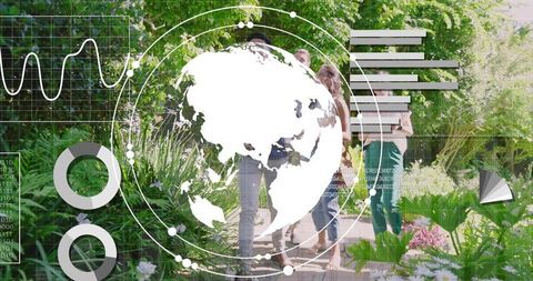 Adults walking garden path using tablet while digital globe and data visuals surrounding