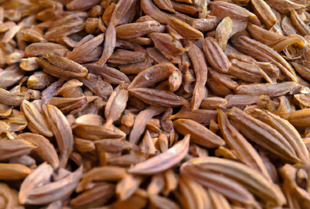 Close-up of dry cumin seeds commonly used in cooking for their aromatic and herbal flavor. Great for use in recipes, restaurants, and food-related presentations, as well as educational materials about spices and ingredients.