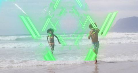 Kids enjoying beach fun with futuristic green overlay
