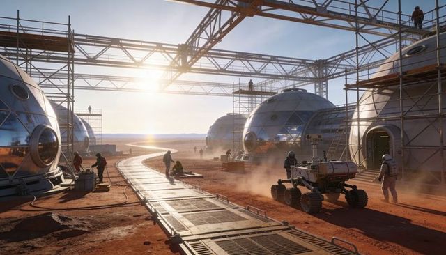 Mars Habitat Construction Team Assembling Reflective Domes with Rover and Scaffolding at Sunset