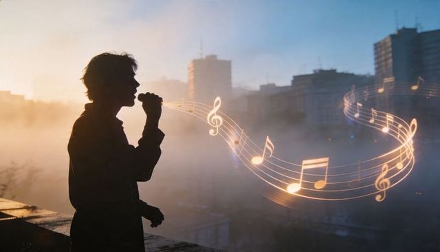 Silhouette rooftop singer performing at sunrise with floating golden music notes over cityscape
