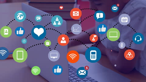 Diverse Digital Icons Overlayed on Student Using Laptop