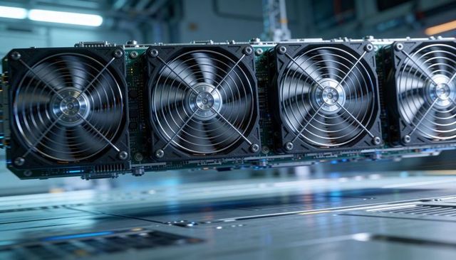 High-density server fans cooling pcbs in datacenter rack with metal grilles and blue lighting