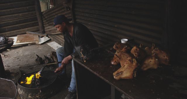 Man Roasting Goat Heads on Open Fire - Download Free Stock Images Pikwizard.com