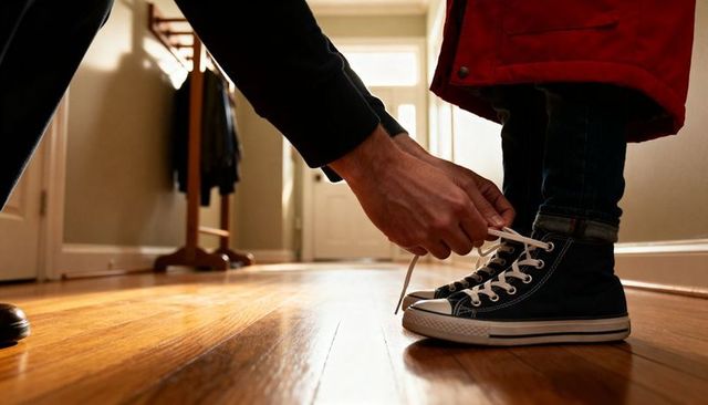 Tying child's black high-top sneakers in sunlit entryway showing morning parent bonding