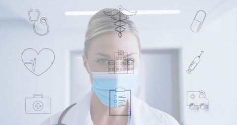 Female Clinician Wearing Surgical Mask with Medical Icons Overlay in Hospital Corridor