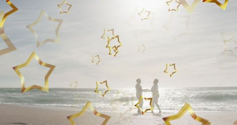 Senior Couple Dancing on Beach Amid Golden Starry Overlay