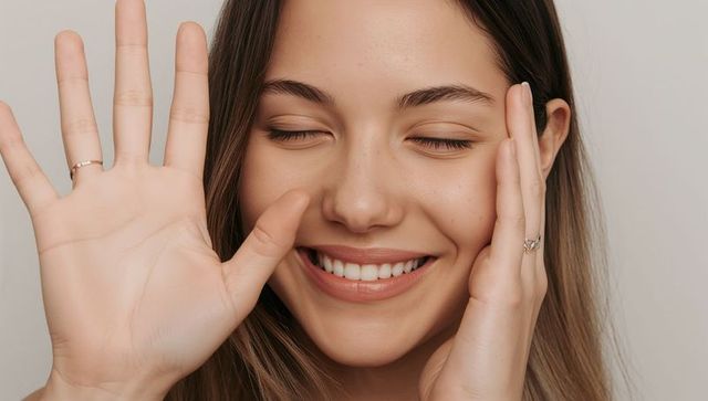 Smiling woman framing face with hands, freckles and rings, natural minimalist portrait