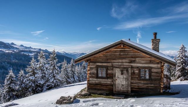 Rustic Alpine Cabin on Snowy Hillside with Pine Forest, Chimney Smoke and Mountain Views