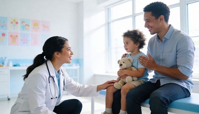 Pediatrician consulting smiling father while child holding teddy in bright clinic