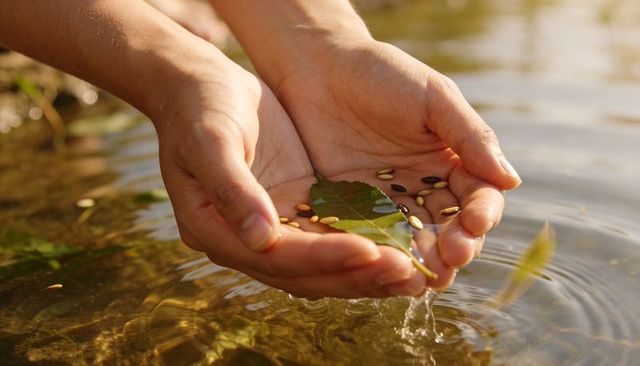 Cupping hands holding leaf and seeds in sunlit stream with ripples and golden reflections