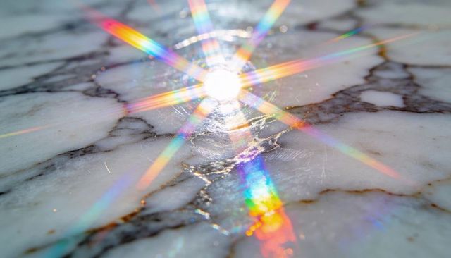 Sunlight creating rainbow starburst on polished marble countertop with micro-scratches