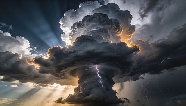 Rising Cumulonimbus Tower Sending Lightning Bolt, Sun Rays and Rain Shafts, Dramatic Storm Sky