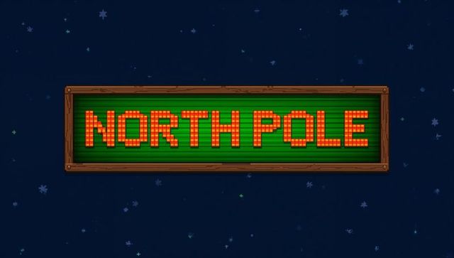 Displaying north pole pixel sign with wooden frame on starry night green dot-matrix