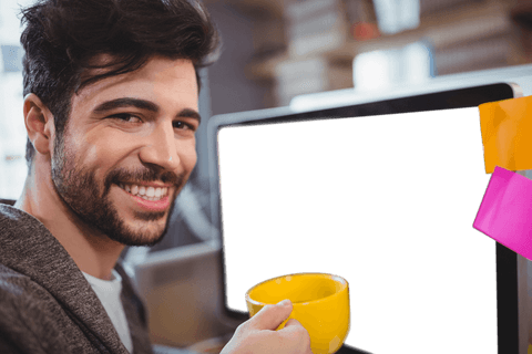Transparent Screen Open Workspace Man Smiling Coffee in Hand - Download Free Stock Videos Pikwizard.com