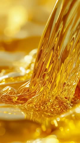 Pouring Golden Honey Stream Creating Ripples and Shimmering Bokeh Macro Vertical Video